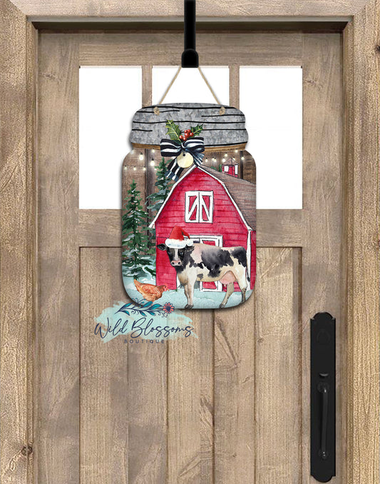 Winter Barn With Cow And Chicken Mason Jar Door Hanger