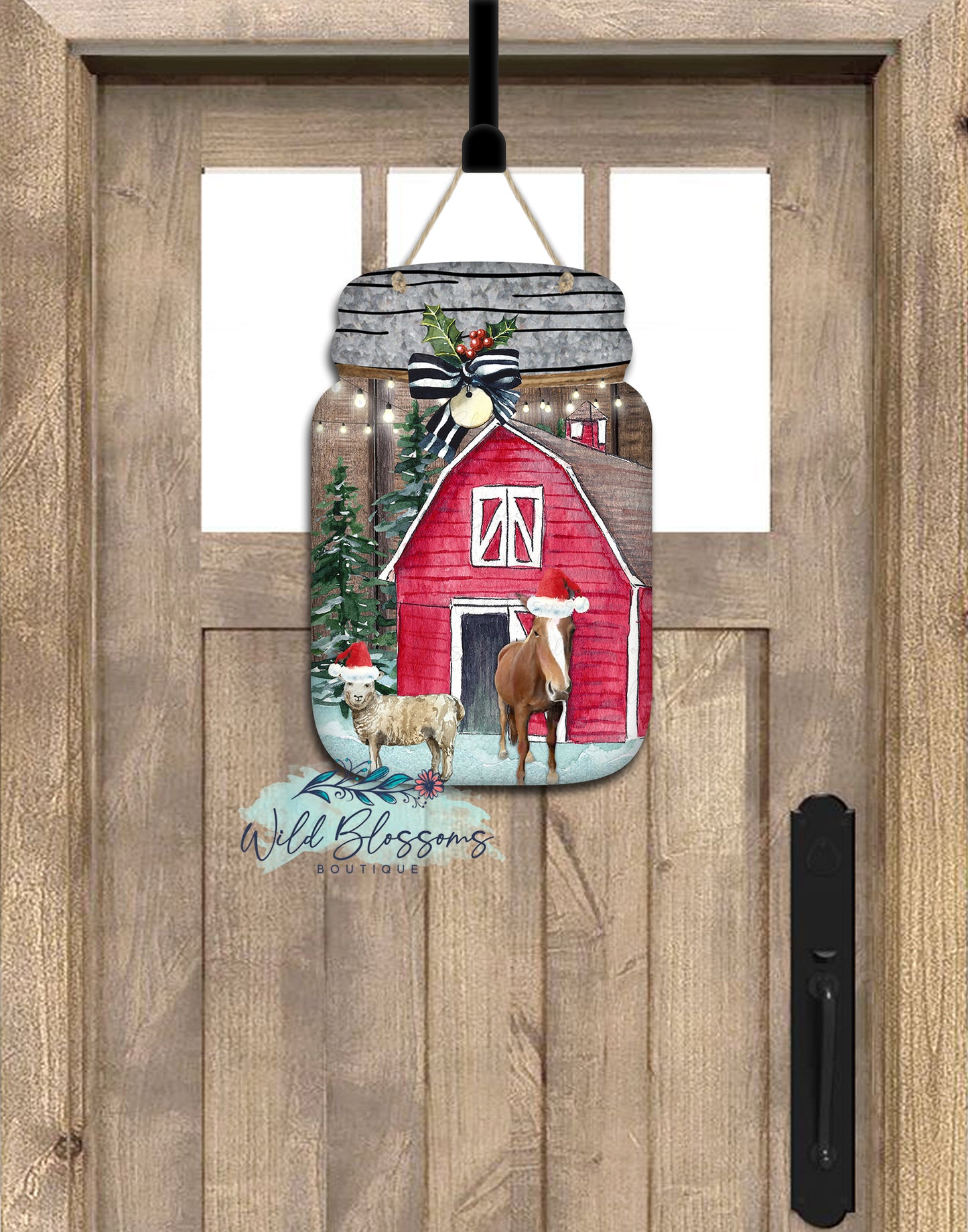 Winter Barn With Horse And Sheep Mason Jar Door Hanger