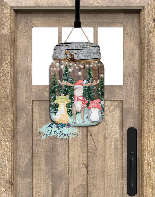 Winter Christmas Critters Mason Jar Door Hanger