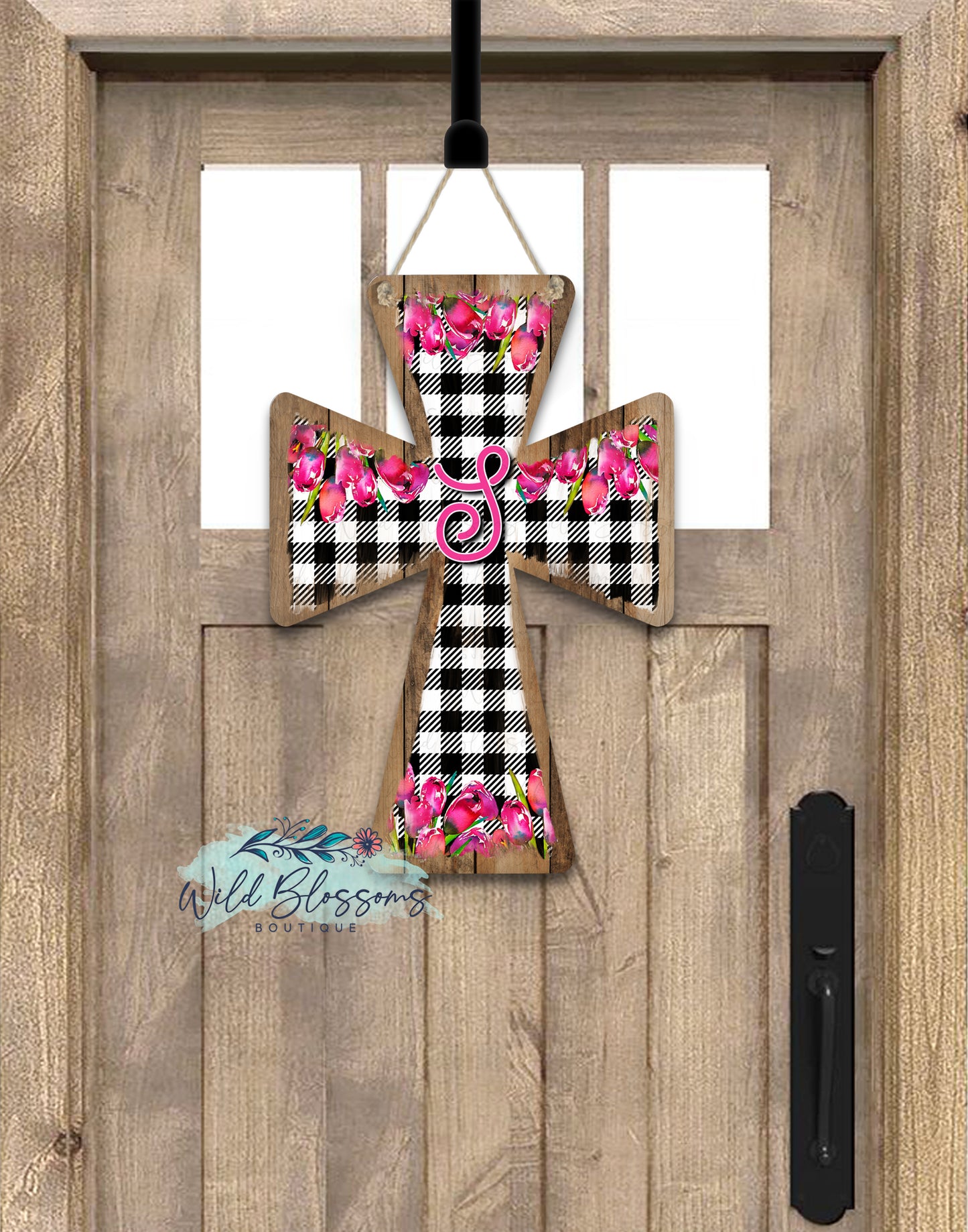 Wooden Buffalo Plaid Tulip Cross Door Hanger