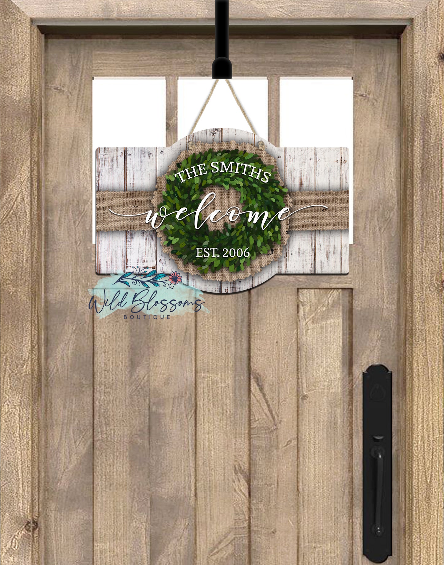 Wooden Burlap And Boxwood Wreath Marquee Door Hanger