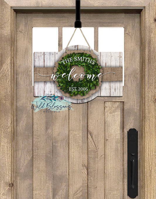 Wooden Burlap And Boxwood Wreath Marquee Door Hanger