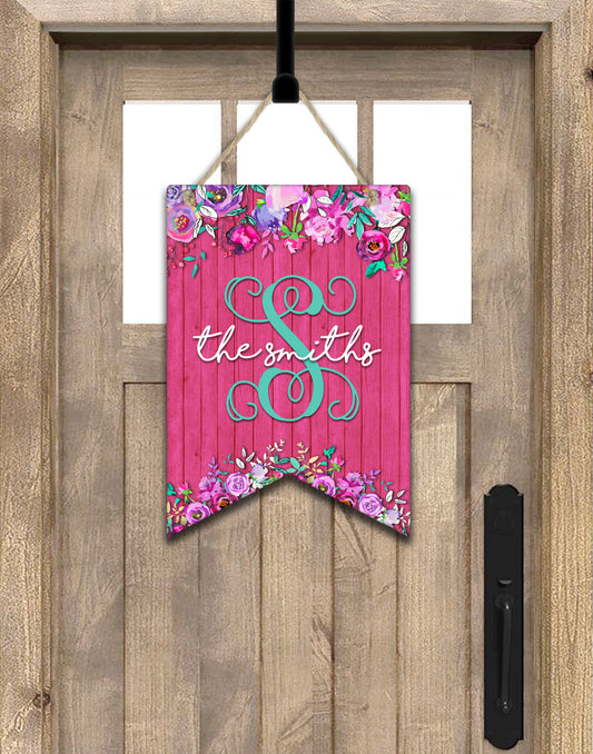 Bright Pink Wooden Floral Bunting Door Hanger