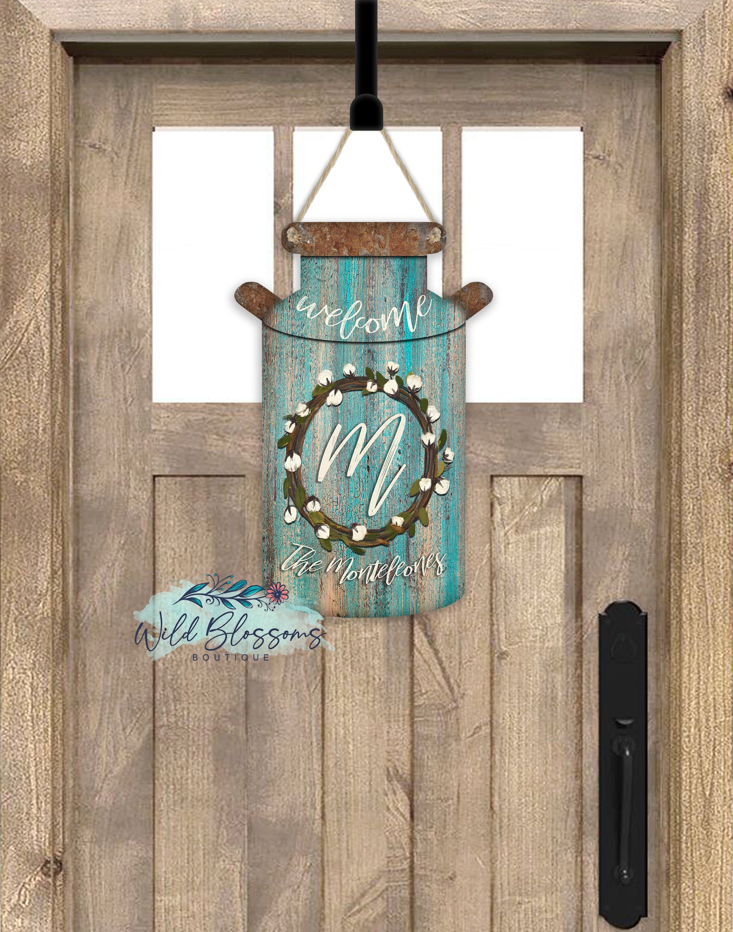 Wooden Turquoise And Cotton Wreath Rustic Milk Can Door Hanger