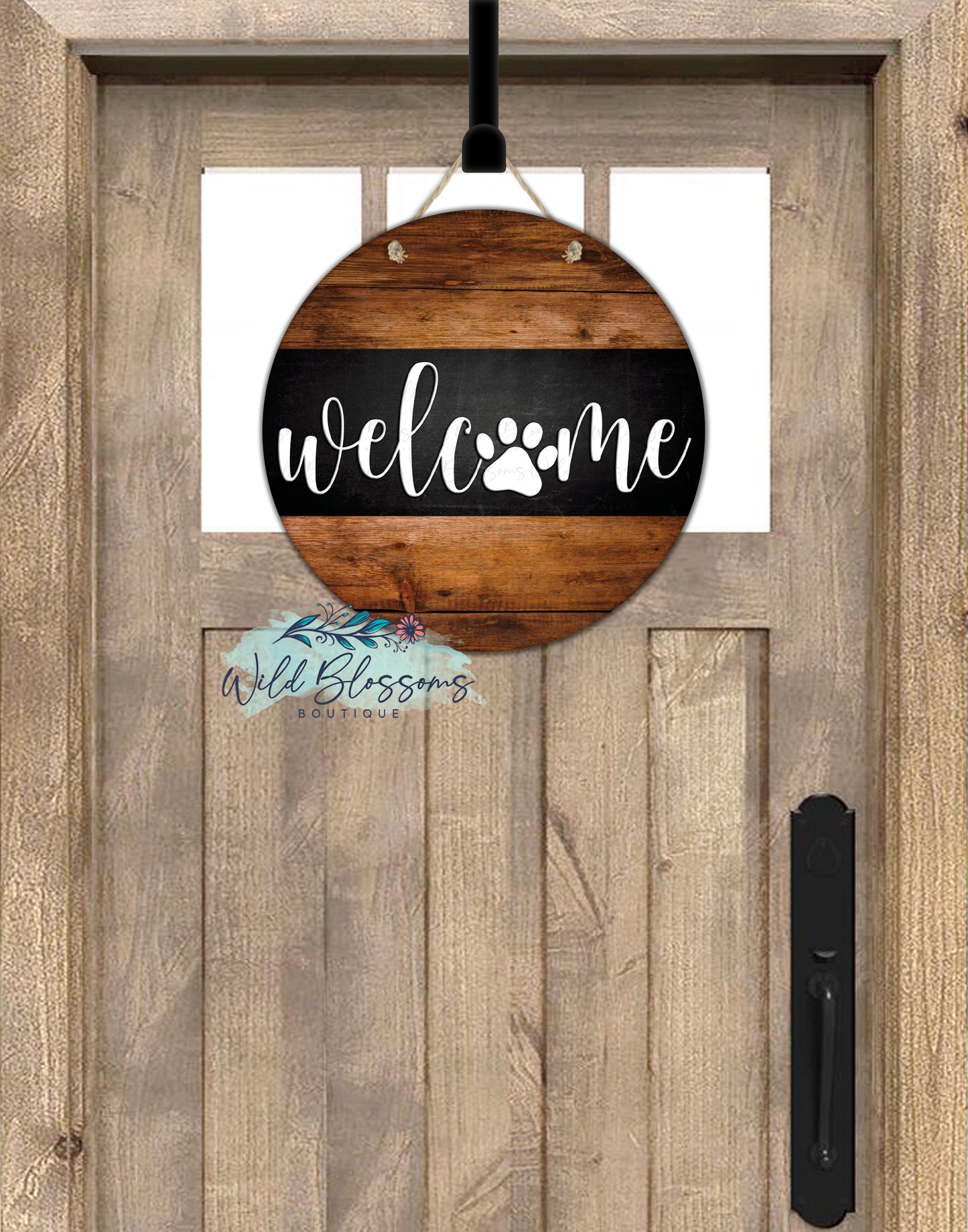 Rustic Wooden Welcome Paw Print Round Door Hanger