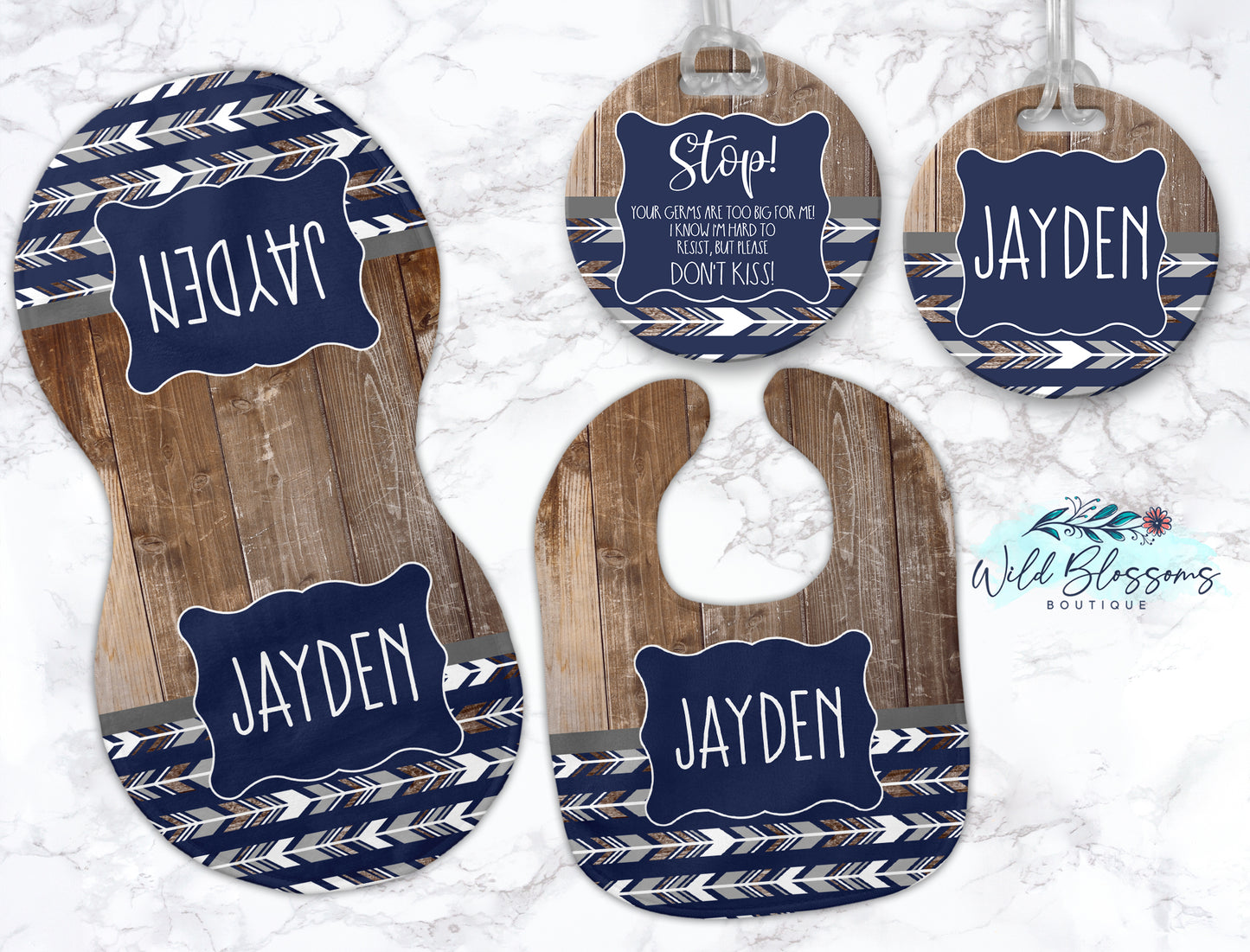 Navy Woodland Arrow Baby Bib And Burp Cloth Set