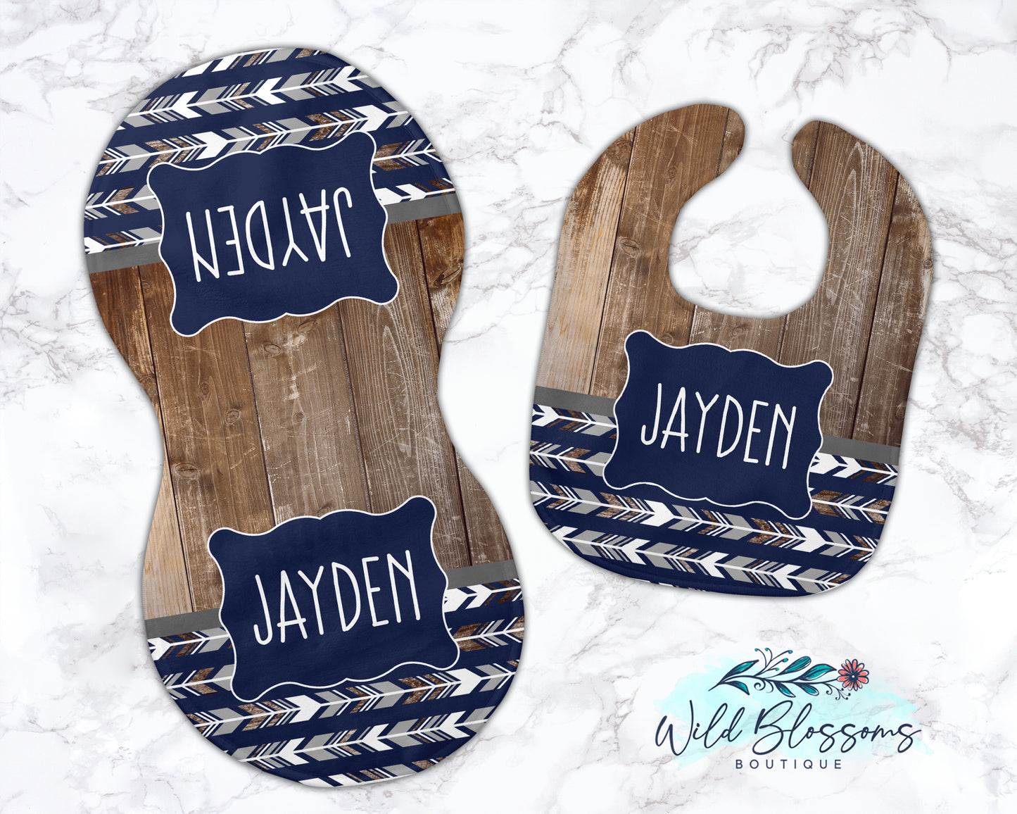 Navy Woodland Arrow Baby Bib And Burp Cloth Set