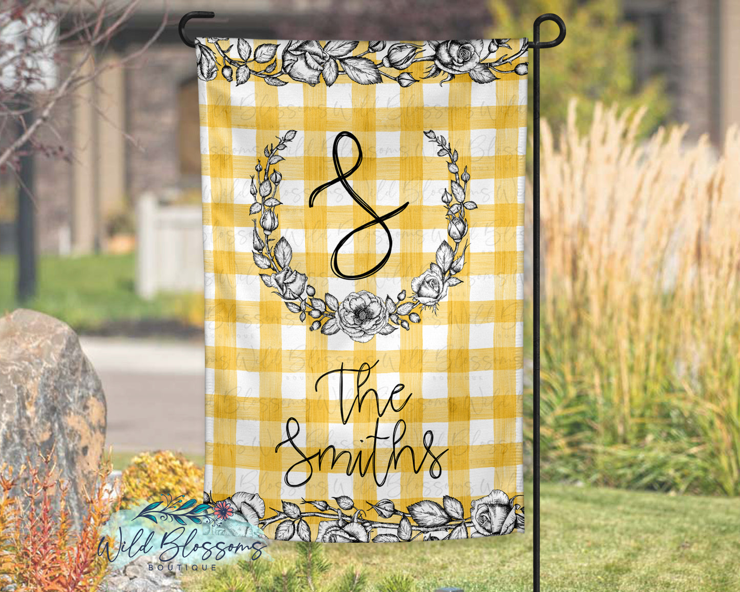 Yellow Buffalo Plaid Floral Garden Flag