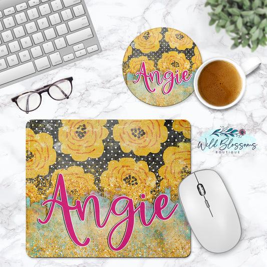 Yellow Floral Boho Personalized Mouse Pad And Coaster Desk Set