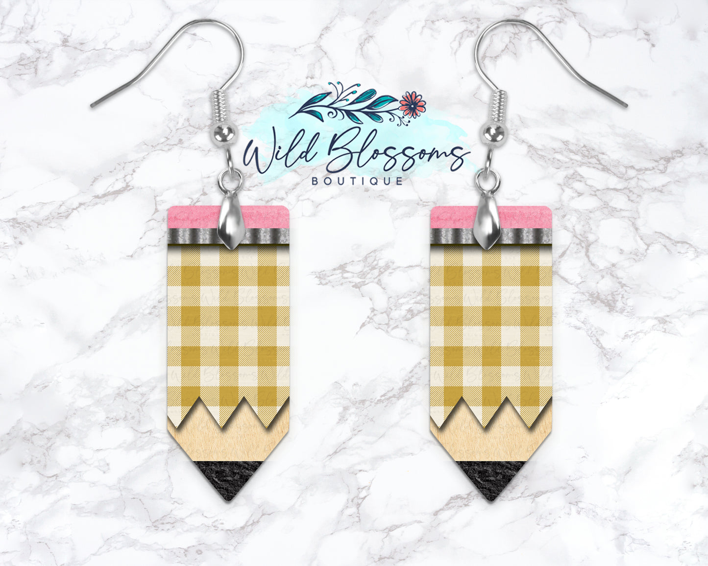 Yellow Buffalo Plaid Wooden Pencil Drop Earrings