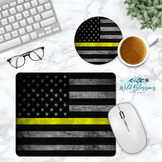 Wooden American Flag Yellow Line Personalized Mouse Pad And Coaster Desk Set