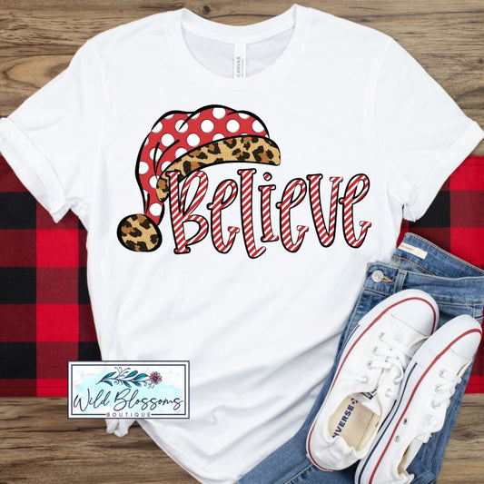 Believe Leopard Print Santa Hat Graphic Tee