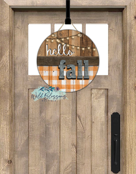 Orange Buffalo Plaid Wooden Rustic Hello Fall Round Door Hanger