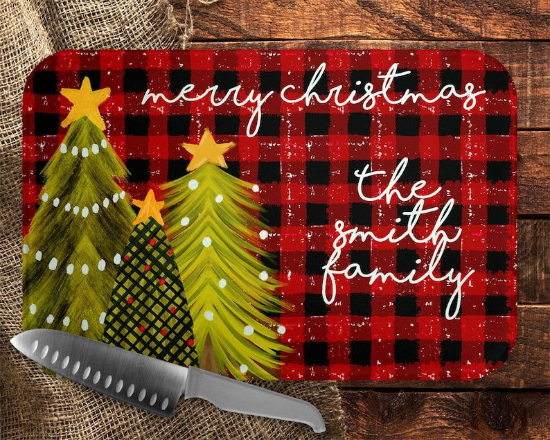 Red Buffalo Plaid Christmas Trees Glass Cutting Board